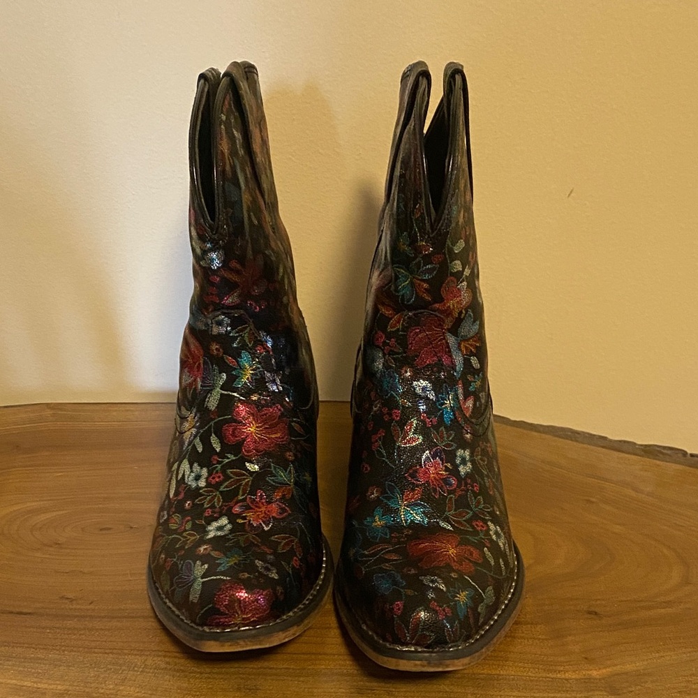 Roper Black Floral Embroidered Ankle Boots